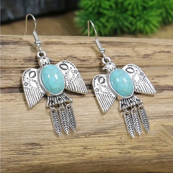Retro Tribal Bird Pattern Dangle Earrings with Turquoise Decor - Picture 2 of 5
